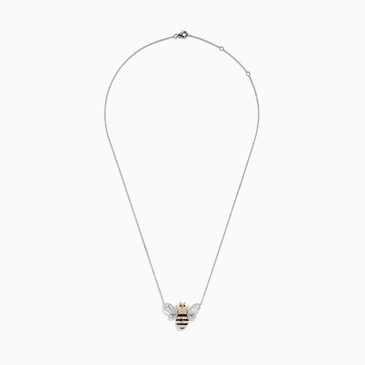 A captivating 14K White Gold White and Black Diamond Bee Necklace, showcasing a bee-shaped pendant adorned with sparkling white and black diamonds atop a delicate chain.