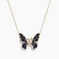 The Nature 14K Gold Blue Sapphire and Diamond Butterfly Necklace features sapphire-blue gemstones on the wings and sparkling diamonds in the center, shown against a plain white background.