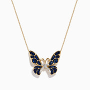 The Nature 14K Gold Blue Sapphire and Diamond Butterfly Necklace features sapphire-blue gemstones on the wings and sparkling diamonds in the center, shown against a plain white background.