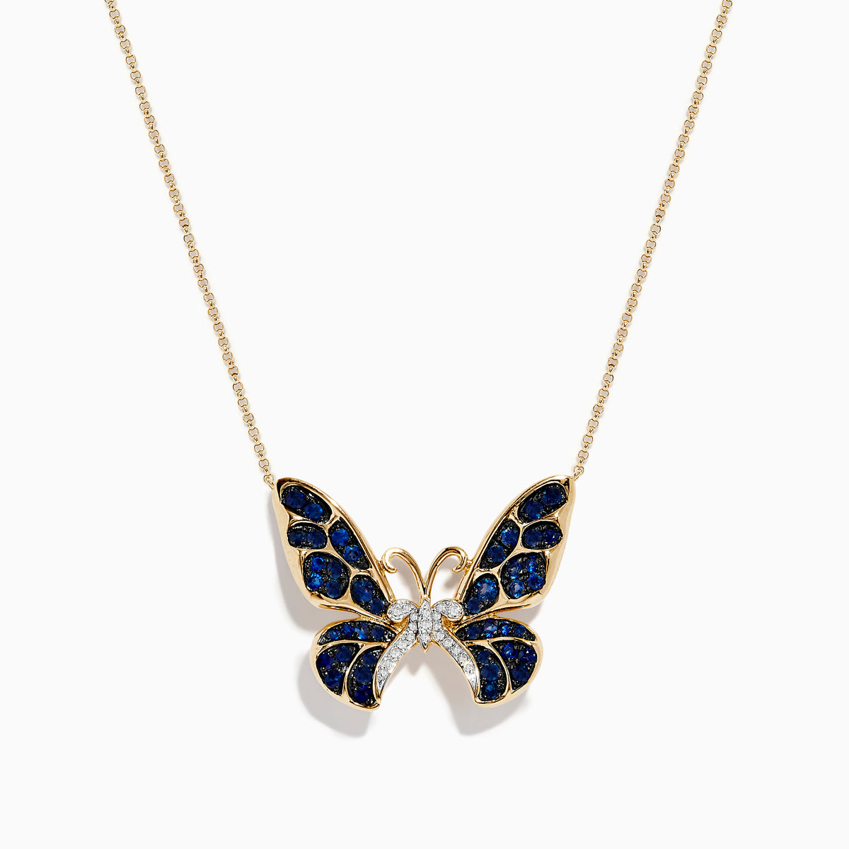 The Nature 14K Gold Blue Sapphire and Diamond Butterfly Necklace features sapphire-blue gemstones on the wings and sparkling diamonds in the center, shown against a plain white background.