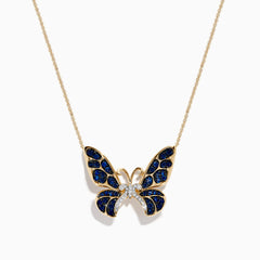 The Nature 14K Gold Blue Sapphire and Diamond Butterfly Necklace features sapphire-blue gemstones on the wings and sparkling diamonds in the center, shown against a plain white background.