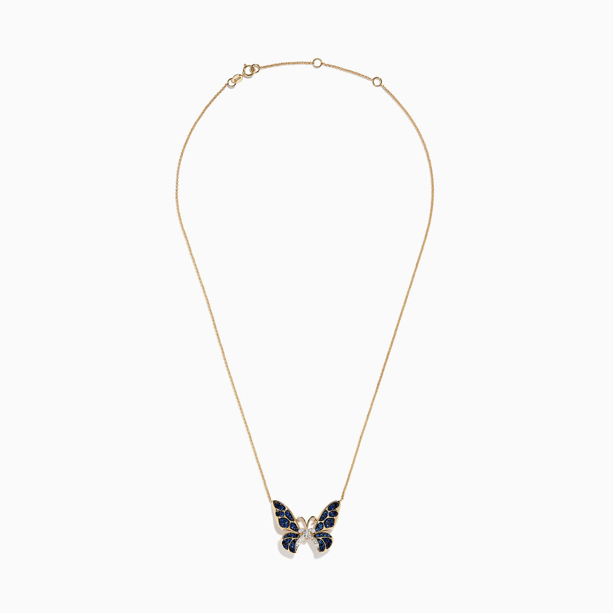 The Nature 14K Gold Blue Sapphire and Diamond Butterfly Necklace features sapphire-blue gemstones on the wings and sparkling diamonds in the center, shown against a plain white background.