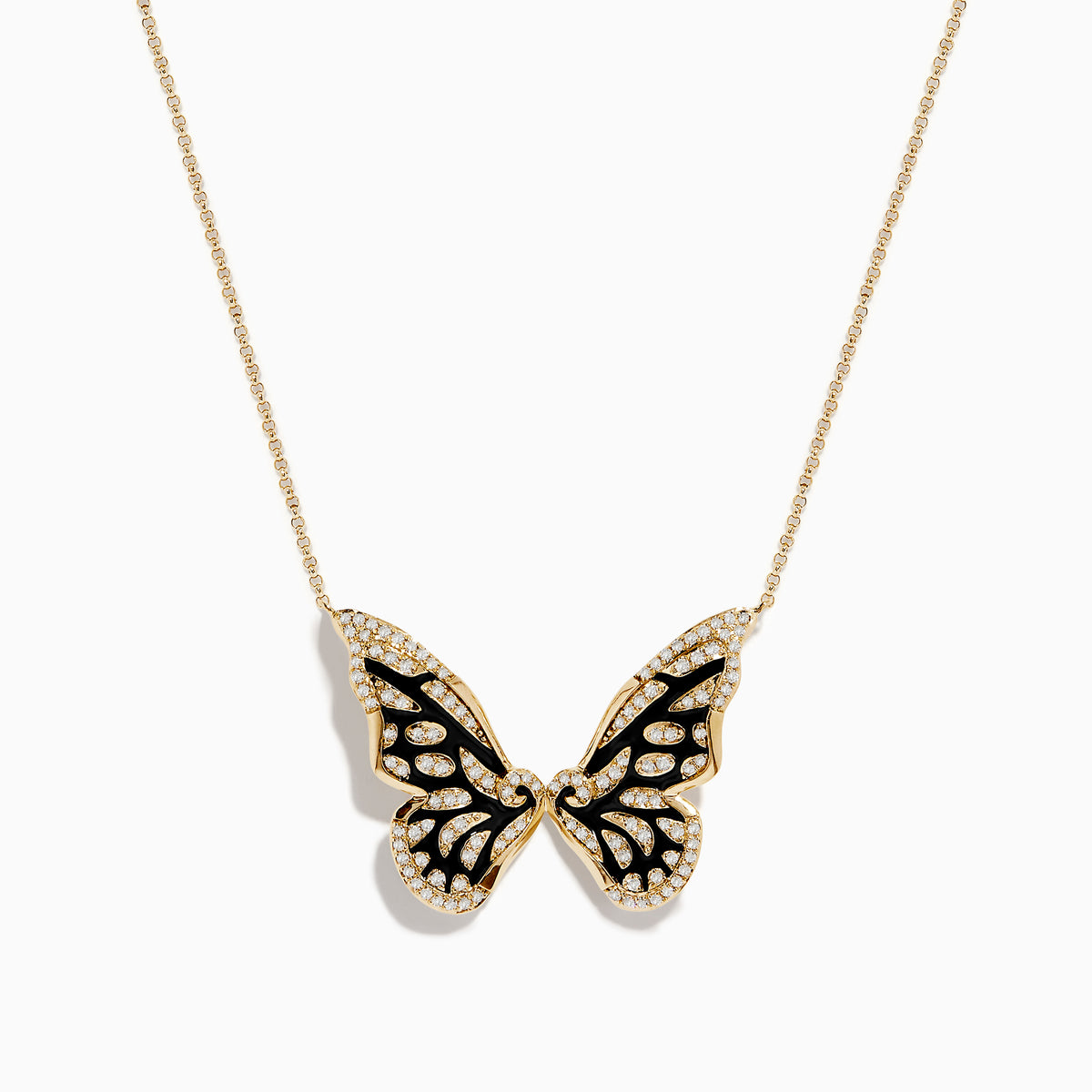 The Nature 14K Yellow Gold Diamond Butterfly Necklace showcases a butterfly pendant with black enamel wings and sparkling white stones, set against a plain white background.