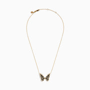 The Nature 14K Yellow Gold Diamond Butterfly Necklace showcases a butterfly pendant with black enamel wings and sparkling white stones, set against a plain white background.