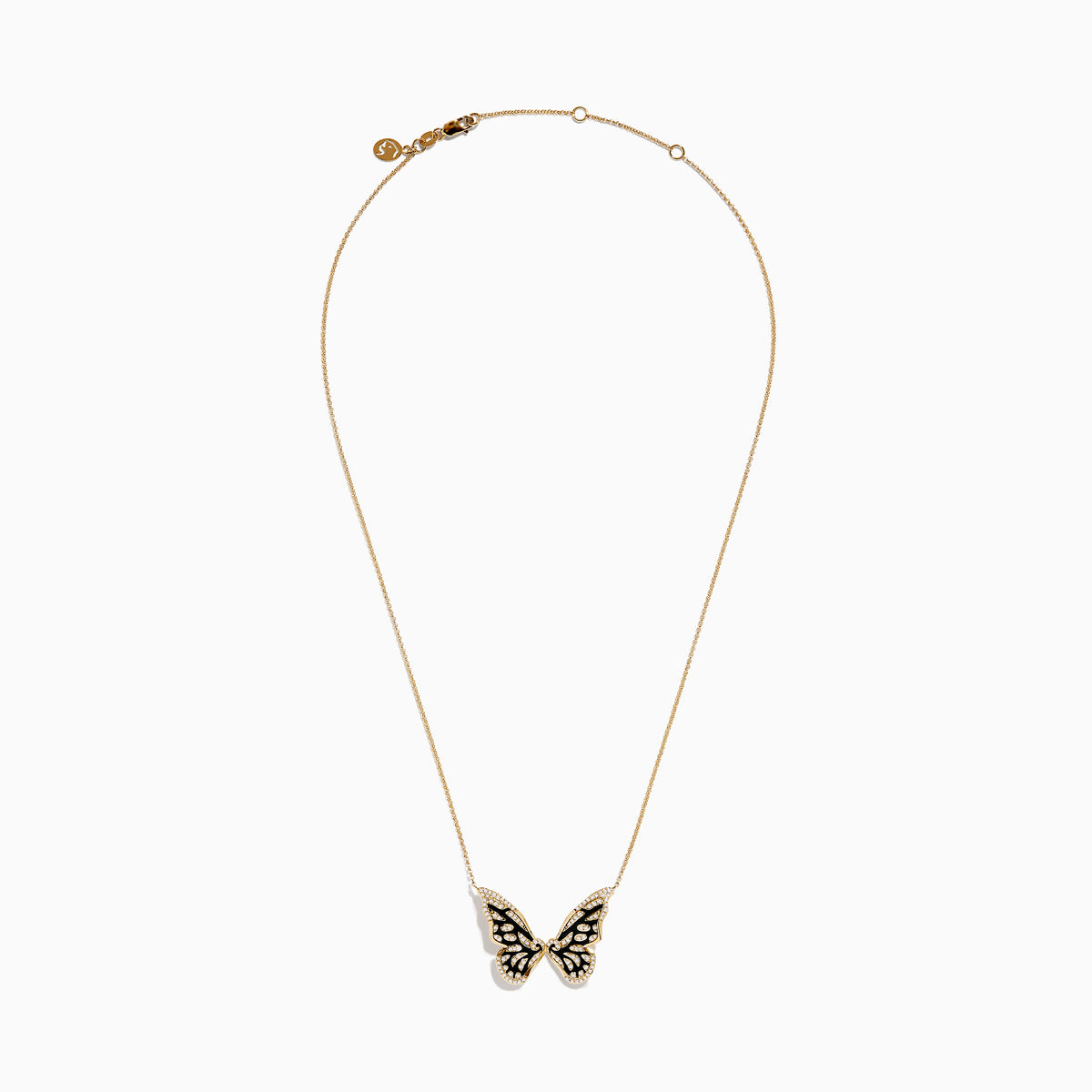 The Nature 14K Yellow Gold Diamond Butterfly Necklace showcases a butterfly pendant with black enamel wings and sparkling white stones, set against a plain white background.