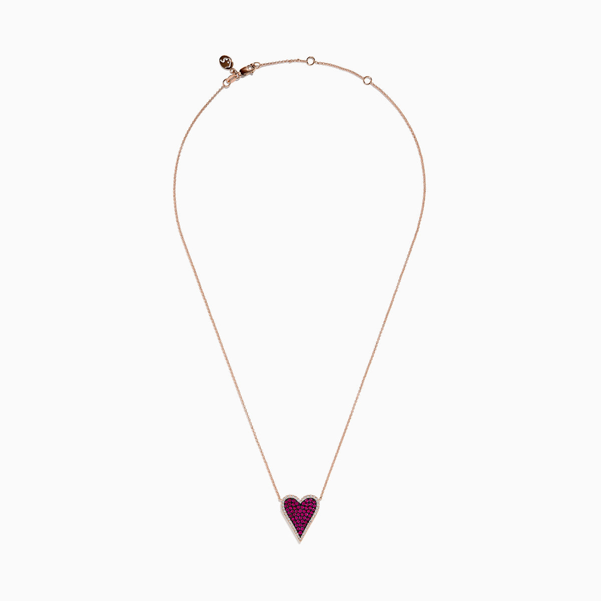 The Ruby Royale 14K Rose Gold Pave Ruby Heart Pendant Necklace features a heart-shaped pendant adorned with pave rubies and bordered by clear stones, set in an elegant rose gold setting.