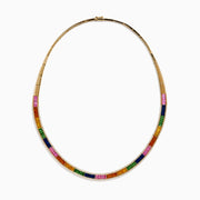 The Watercolors 14K Gold Multi Sapphire and Diamond Necklace features rectangular sapphires in vibrant orange, green, blue, pink, and yellow arranged symmetrically around a gold chain for a dazzling look.