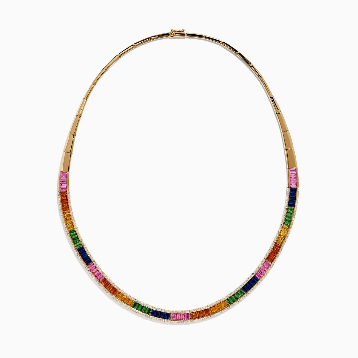 The Watercolors 14K Gold Multi Sapphire and Diamond Necklace features rectangular sapphires in vibrant orange, green, blue, pink, and yellow arranged symmetrically around a gold chain for a dazzling look.