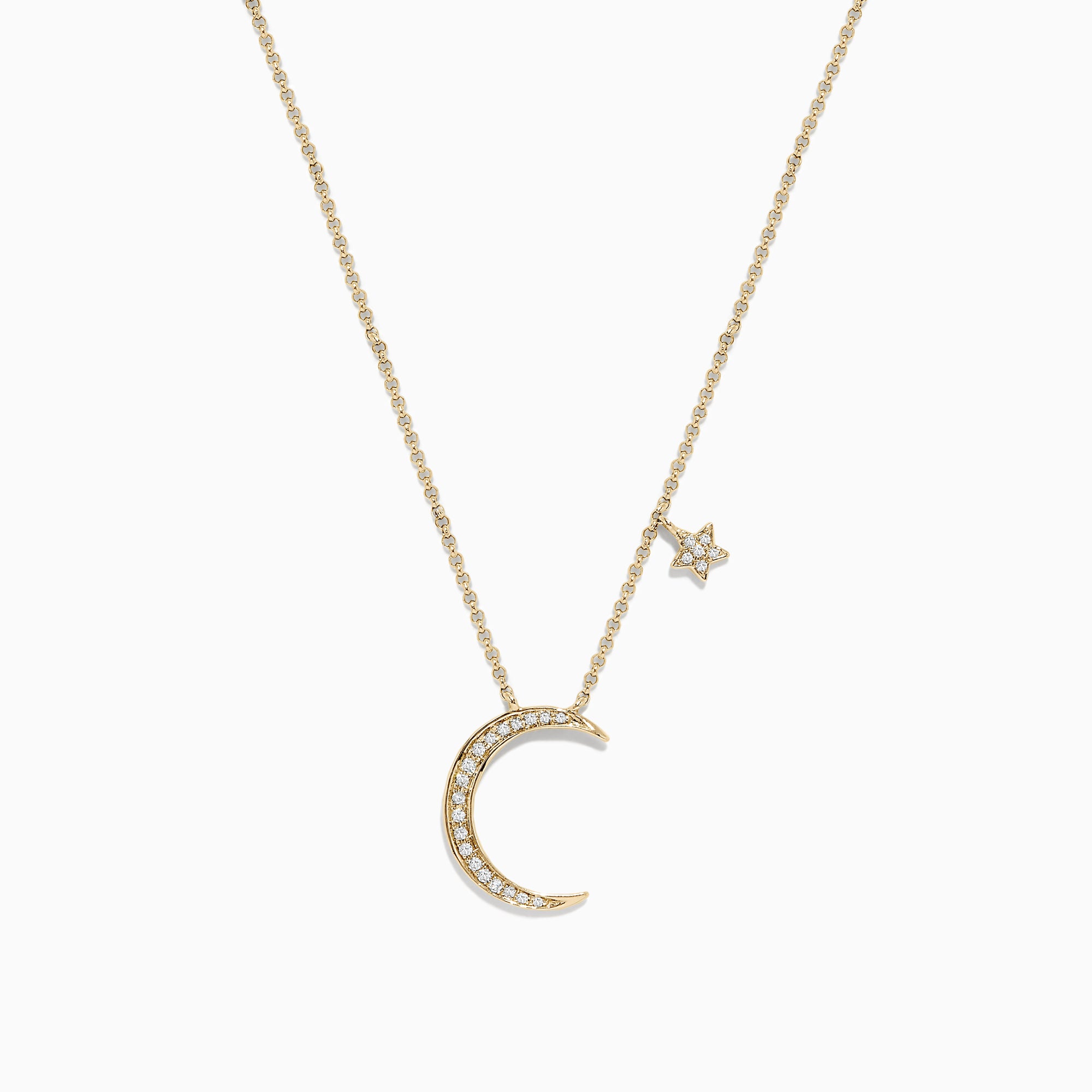 A delicate Novelty 14K Yellow Gold Diamond Moon and Star Necklace, 0.09 TCW, featuring a crescent moon pendant with small gemstones and a diamond-accented star charm.