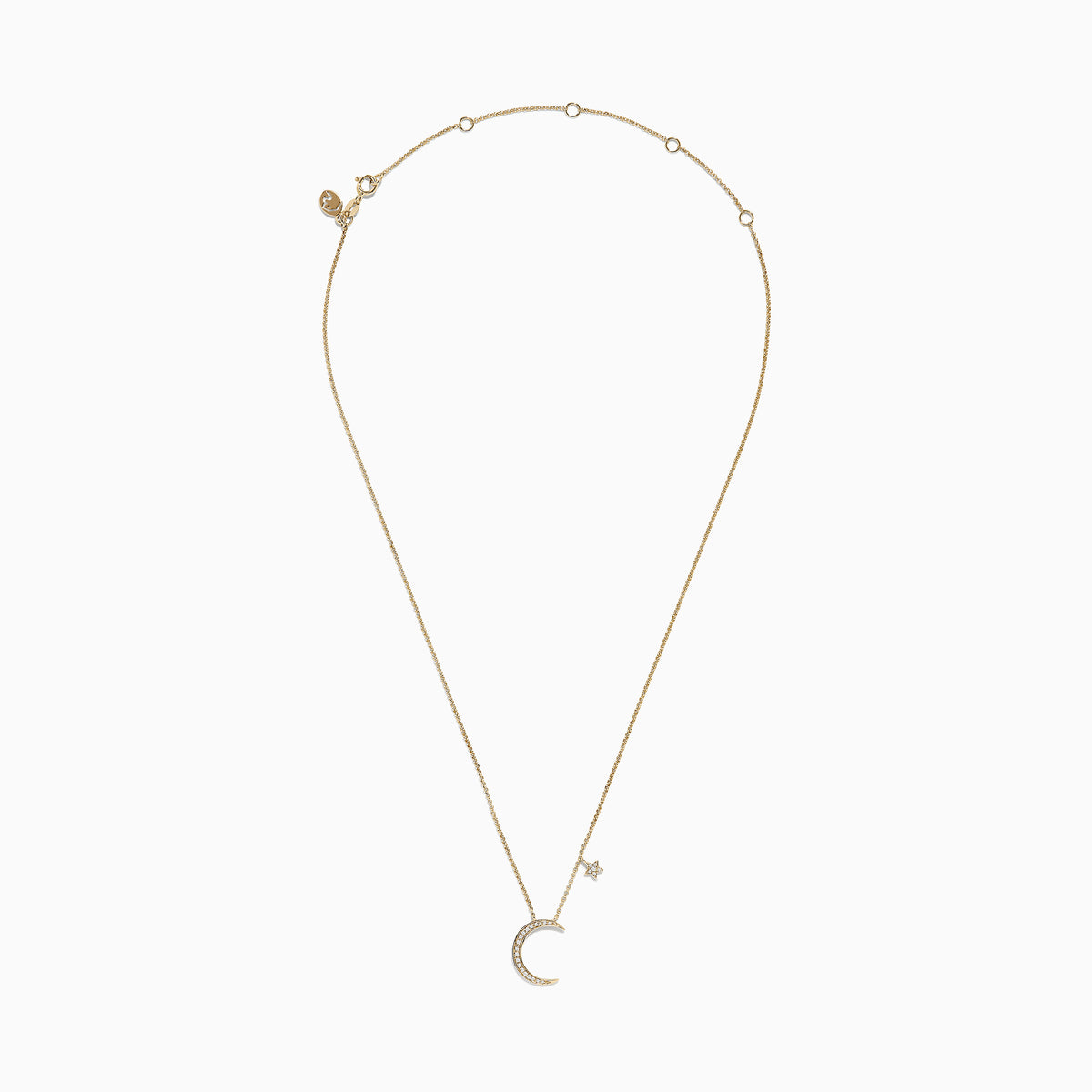 A delicate Novelty 14K Yellow Gold Diamond Moon and Star Necklace, 0.09 TCW, featuring a crescent moon pendant with small gemstones and a diamond-accented star charm.