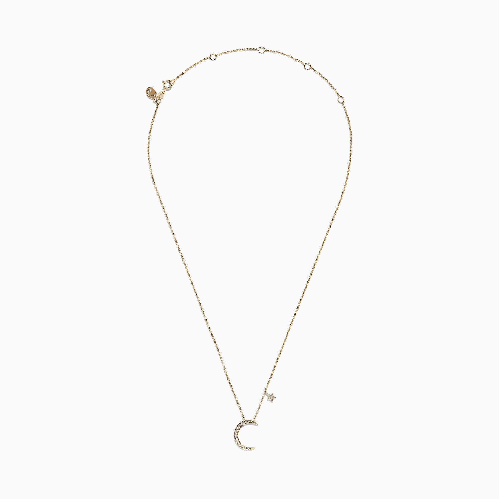 A delicate Novelty 14K Yellow Gold Diamond Moon and Star Necklace, 0.09 TCW, featuring a crescent moon pendant with small gemstones and a diamond-accented star charm.