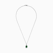 The Brasilica 14K White Gold Emerald and Diamond Pendant (1.55 TCW) features a rectangular emerald accented by a border of diamonds on a delicate chain, shown against a plain white background.