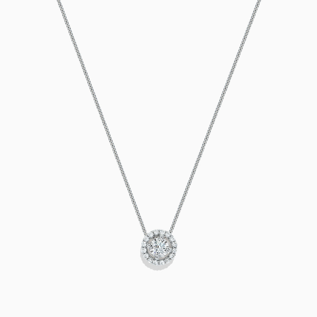 The Pave Classica 14K White Gold Diamond Halo Pendant, 0.32 TCW, features round brilliant diamonds in a delicate design, displayed on a plain white background.
