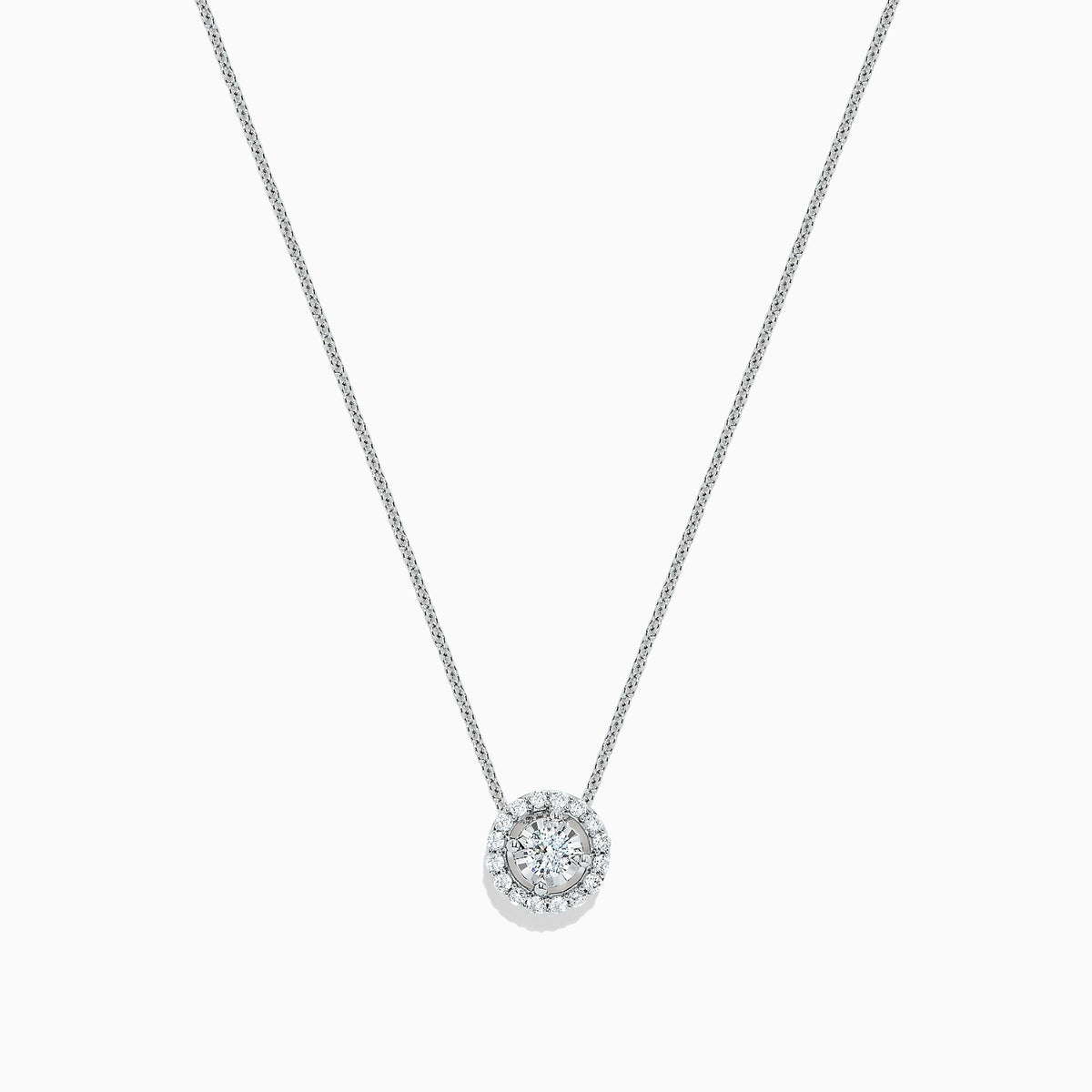 The Pave Classica 14K White Gold Diamond Halo Pendant, 0.32 TCW, features round brilliant diamonds in a delicate design, displayed on a plain white background.