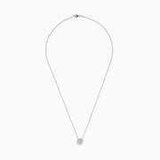 The Pave Classica 14K White Gold Diamond Pendant (0.49 TCW) by Effy features a brilliant round diamond surrounded by a halo of smaller diamonds, elegantly set on a simple white gold chain and showcased against a white background.
