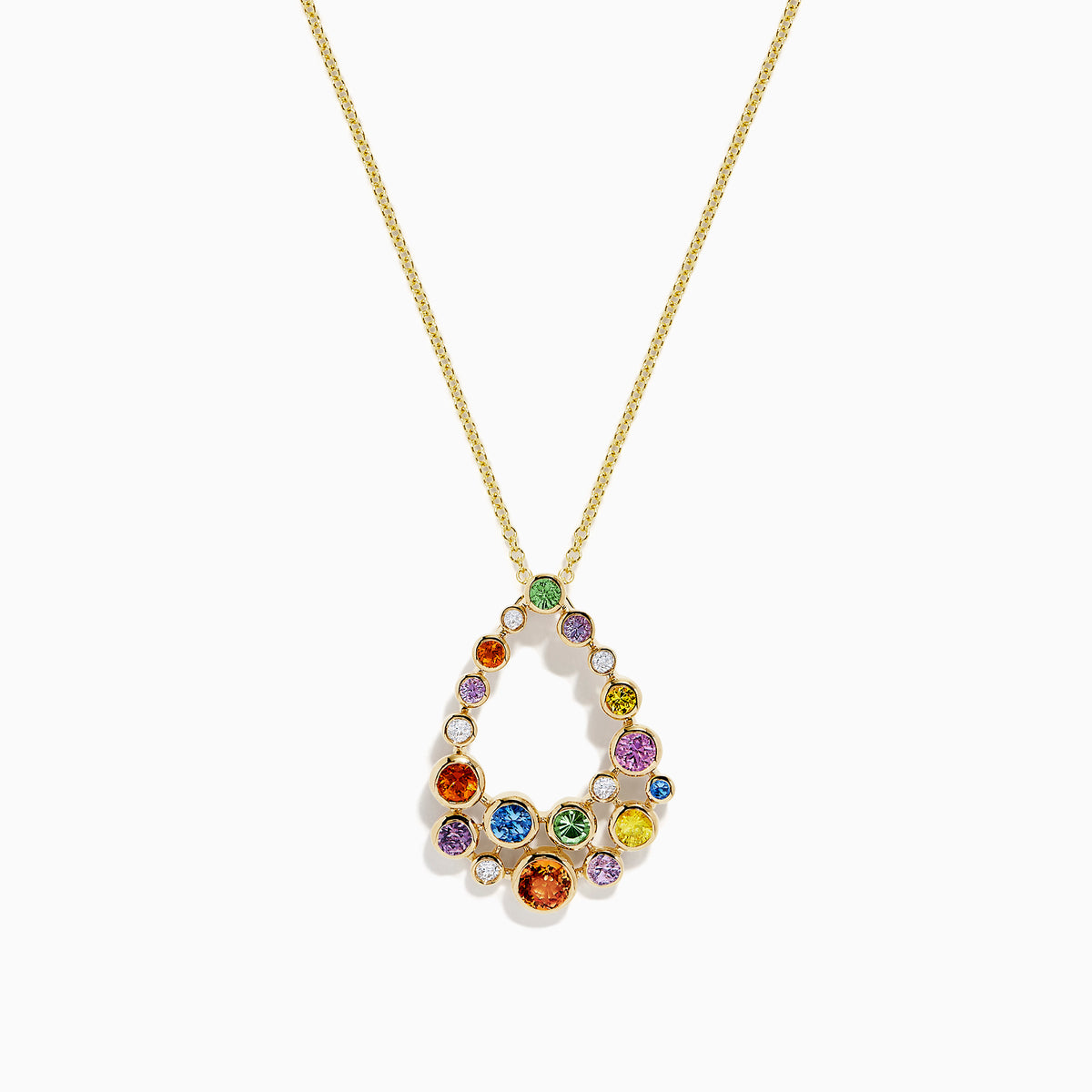 The Watercolors 14K Gold Multi Sapphire and Diamond Pendant (1.47 TCW) features a teardrop design set with vibrant sapphires in green, purple, orange, blue, pink, and yellow.