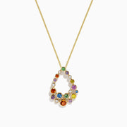 The Watercolors 14K Gold Multi Sapphire and Diamond Pendant (1.47 TCW) features a teardrop design set with vibrant sapphires in green, purple, orange, blue, pink, and yellow.
