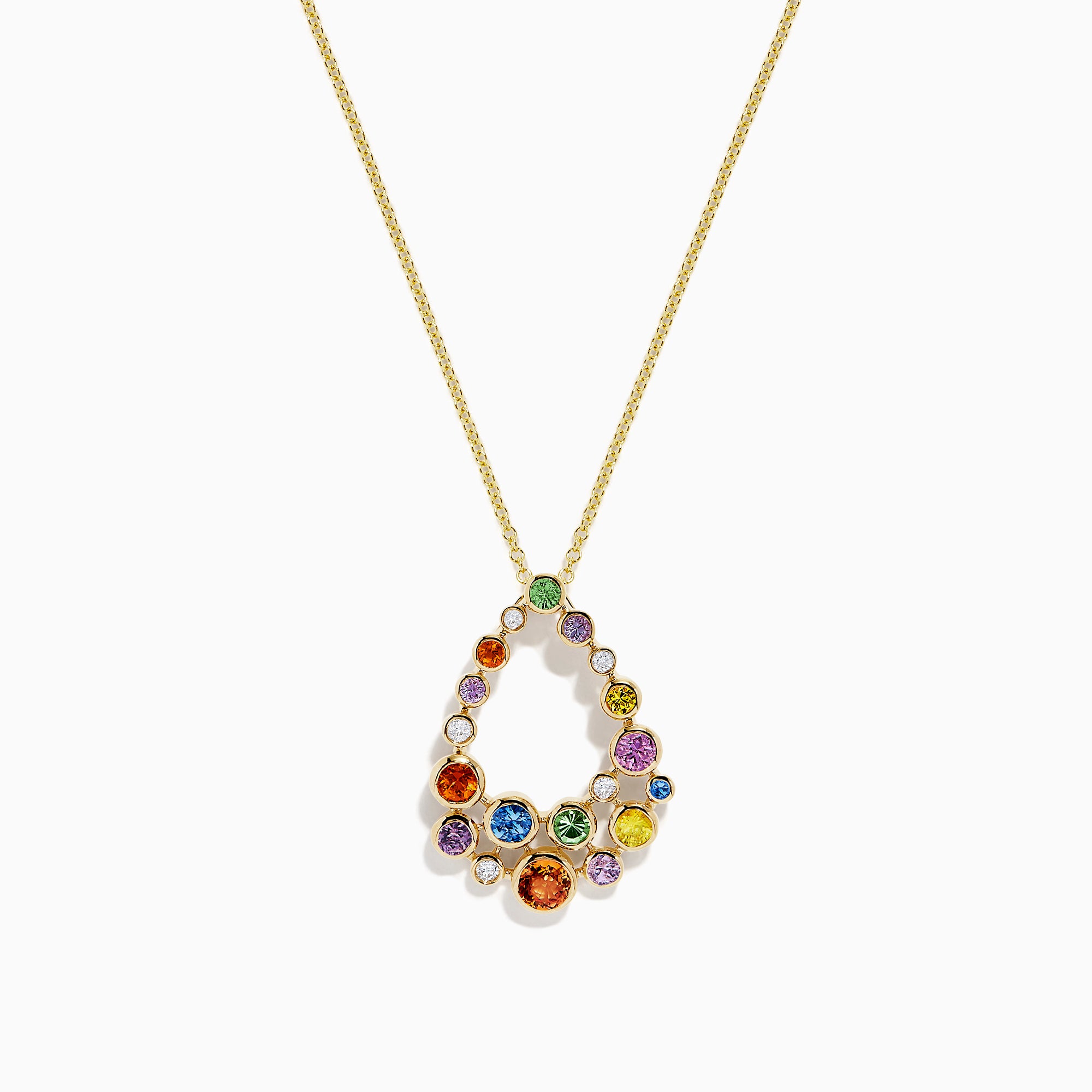The Watercolors 14K Gold Multi Sapphire and Diamond Pendant (1.47 TCW) features a teardrop design set with vibrant sapphires in green, purple, orange, blue, pink, and yellow.