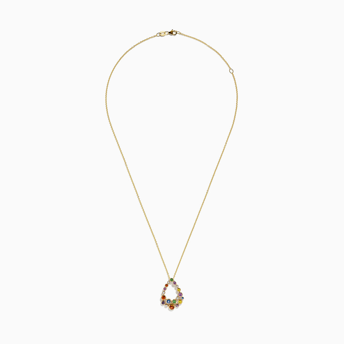 The Watercolors 14K Gold Multi Sapphire and Diamond Pendant (1.47 TCW) features a teardrop design set with vibrant sapphires in green, purple, orange, blue, pink, and yellow.