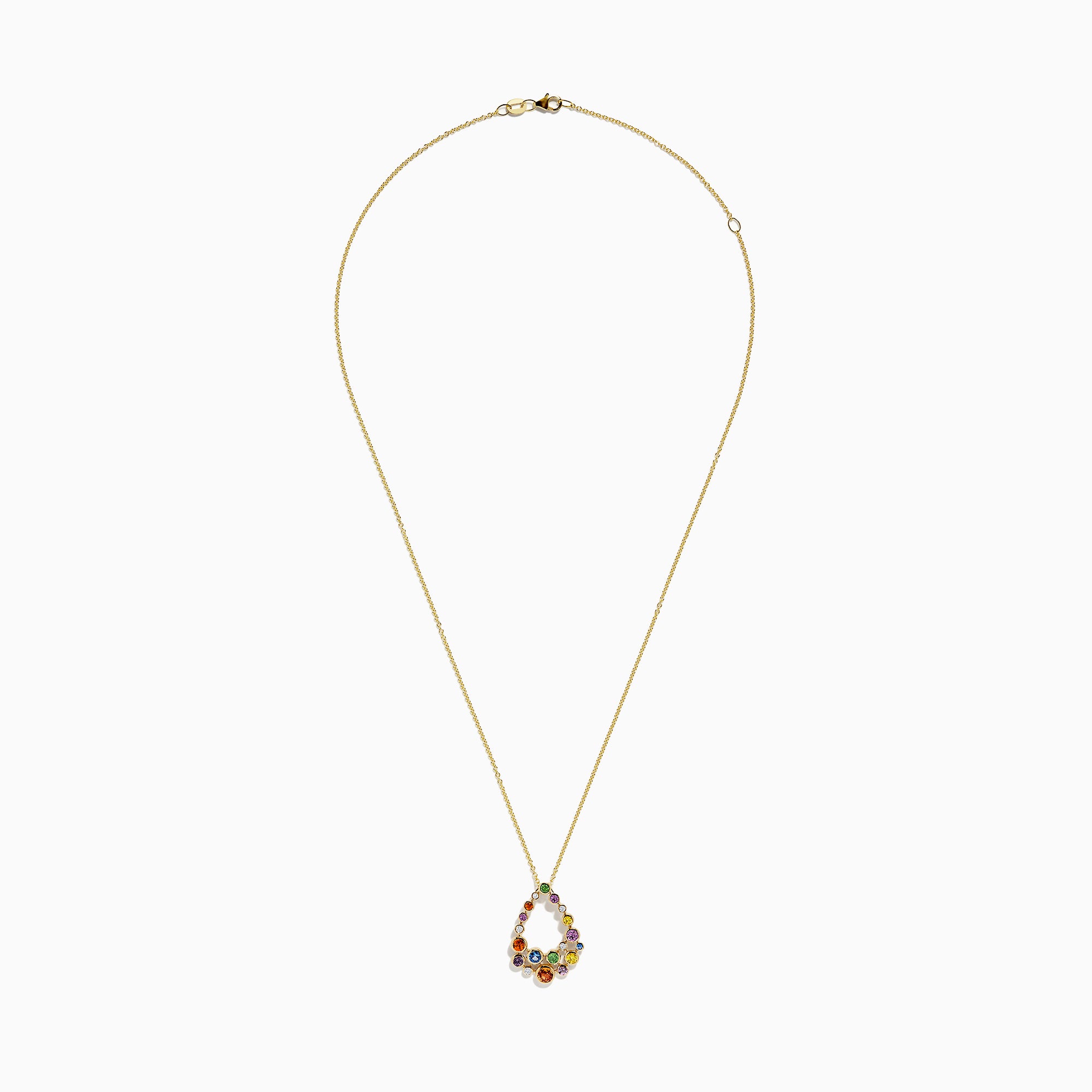 The Watercolors 14K Gold Multi Sapphire and Diamond Pendant (1.47 TCW) features a teardrop design set with vibrant sapphires in green, purple, orange, blue, pink, and yellow.