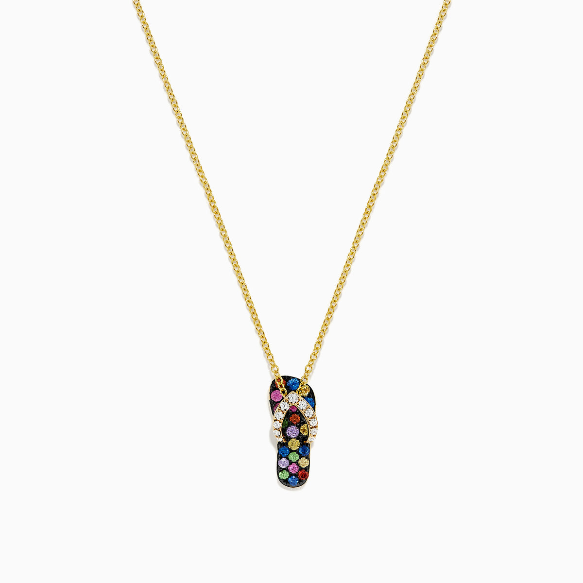 A 14K gold Multi Sapphire and Diamond Flip Flop Pendant (0.53 TCW) is centered on a white background, showcasing vibrant sapphires and sparkling diamonds in an elegant necklace design.