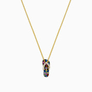 A 14K gold Multi Sapphire and Diamond Flip Flop Pendant (0.53 TCW) is centered on a white background, showcasing vibrant sapphires and sparkling diamonds in an elegant necklace design.