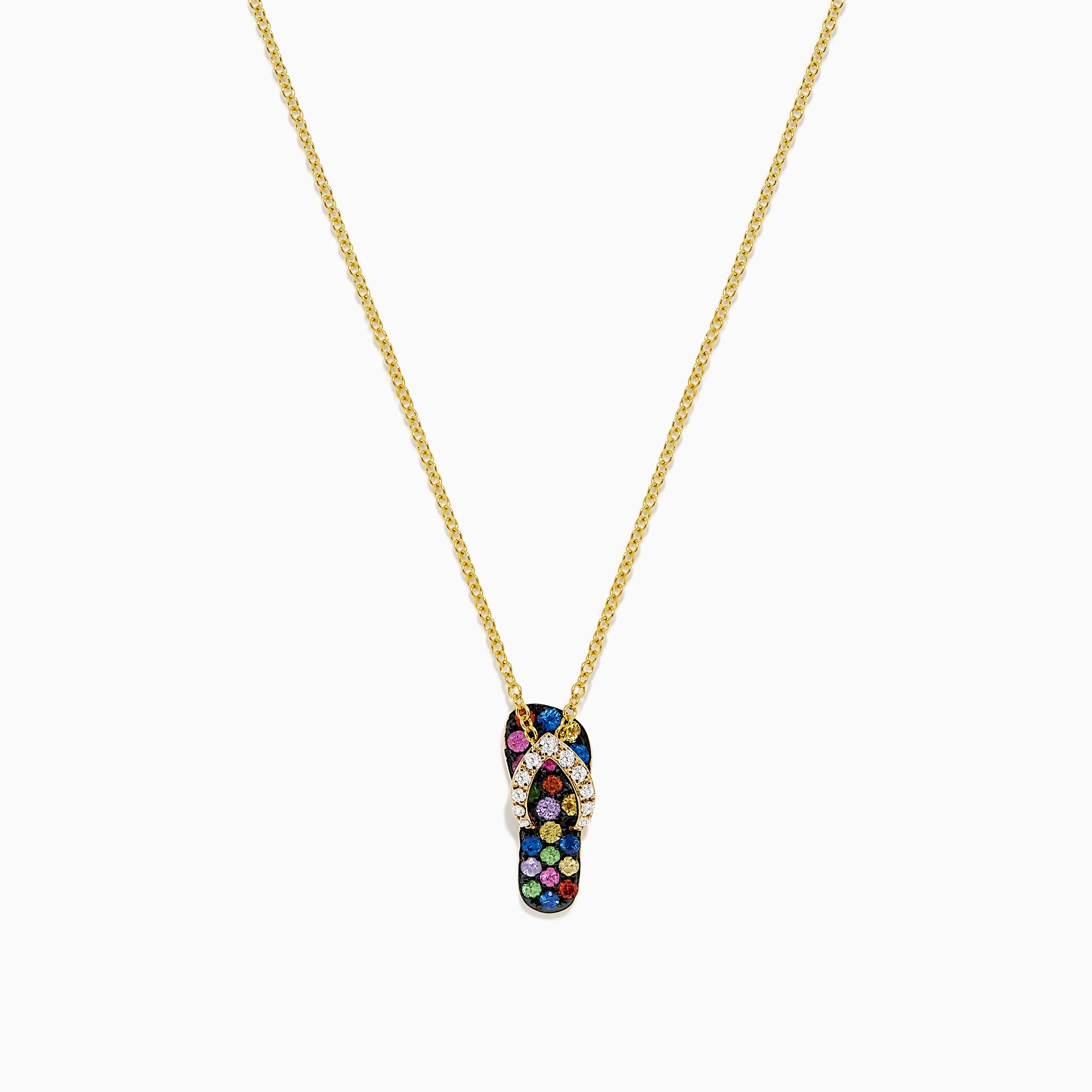 A 14K gold Multi Sapphire and Diamond Flip Flop Pendant (0.53 TCW) is centered on a white background, showcasing vibrant sapphires and sparkling diamonds in an elegant necklace design.
