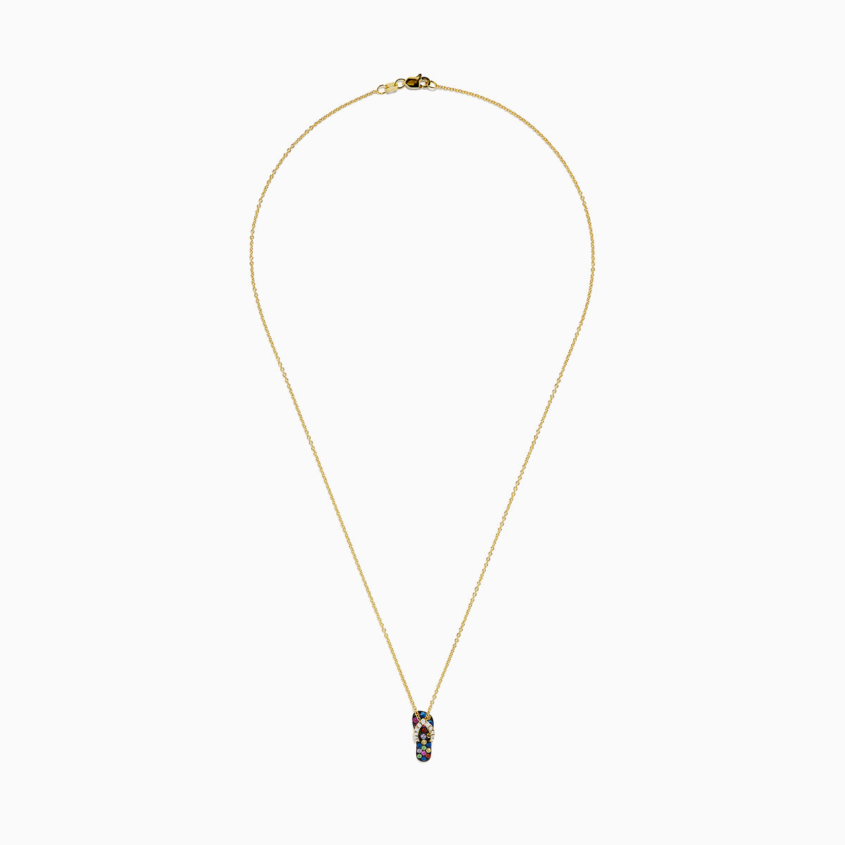 A 14K gold Multi Sapphire and Diamond Flip Flop Pendant (0.53 TCW) is centered on a white background, showcasing vibrant sapphires and sparkling diamonds in an elegant necklace design.