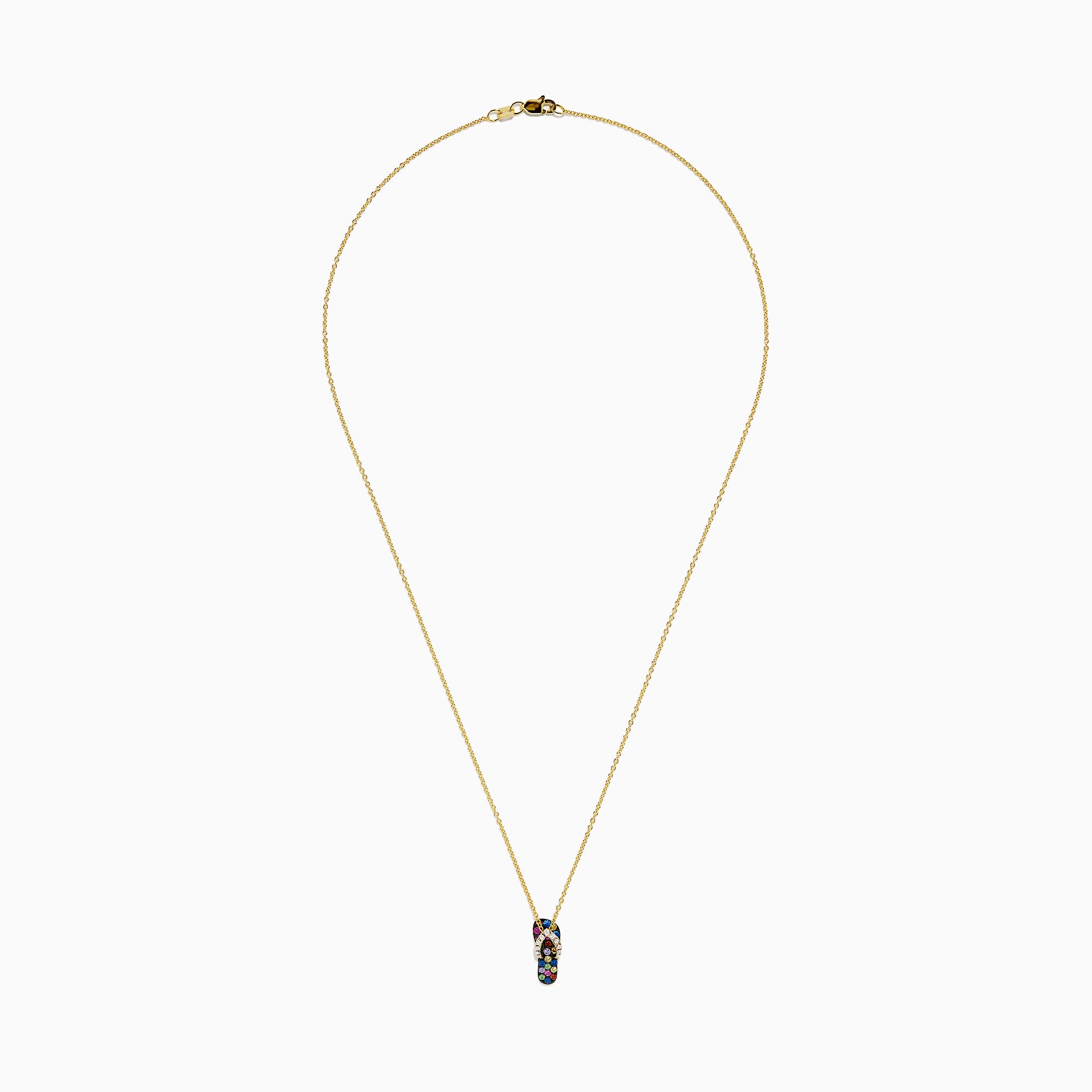 A 14K gold Multi Sapphire and Diamond Flip Flop Pendant (0.53 TCW) is centered on a white background, showcasing vibrant sapphires and sparkling diamonds in an elegant necklace design.