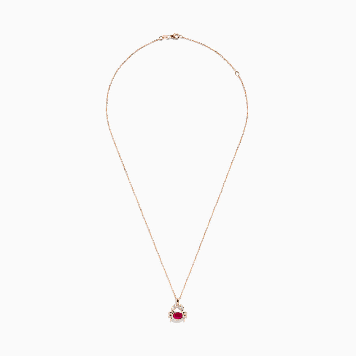 The Seaside 14K Rose Gold Ruby and Diamond Crab Pendant features a thin rose gold chain and a crab-shaped pendant adorned with a large ruby center surrounded by sparkling diamonds.