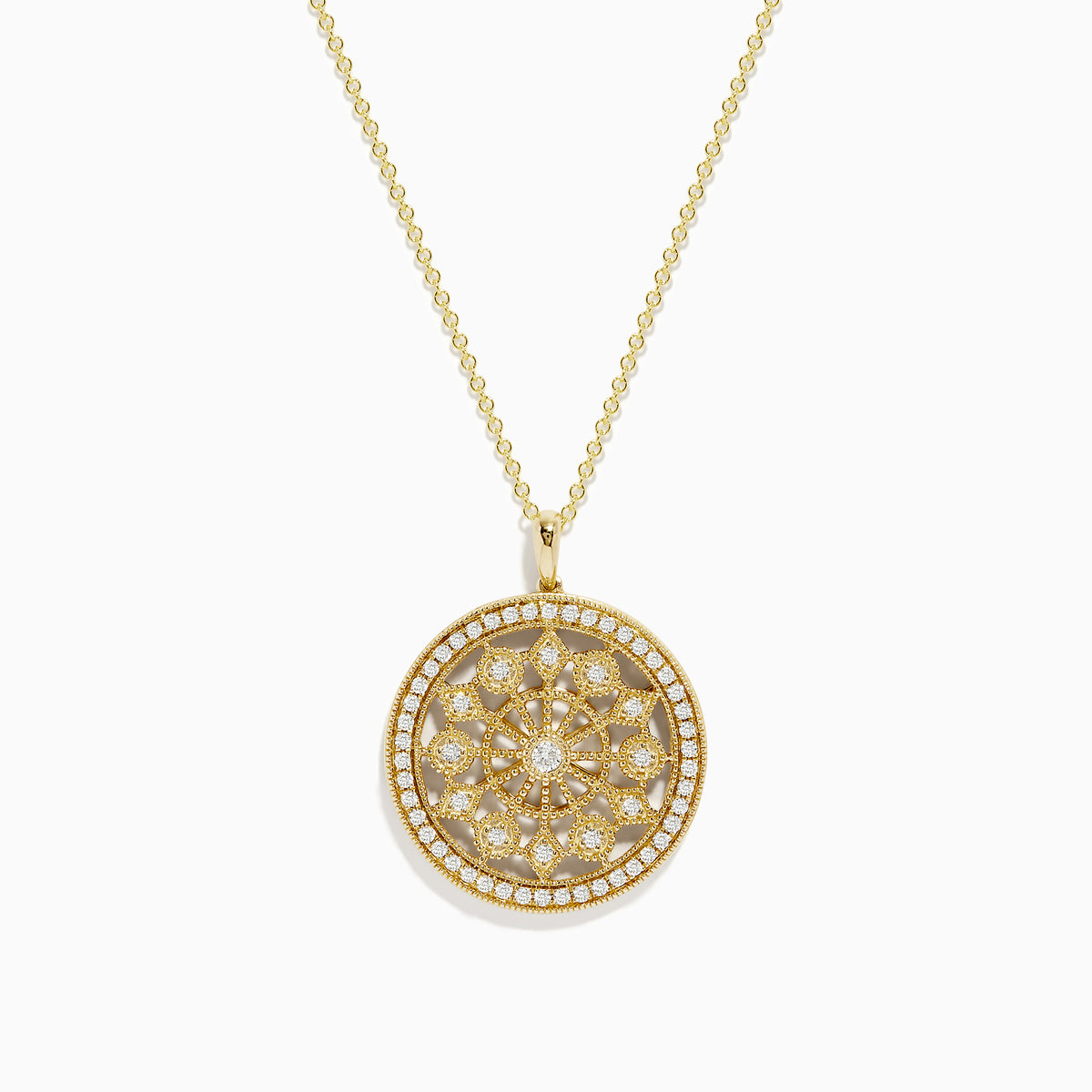 The DOro 14K Yellow Gold Diamond Mandala Pendant features a circular design with an intricate, symmetrical floral pattern set with sparkling white diamonds.