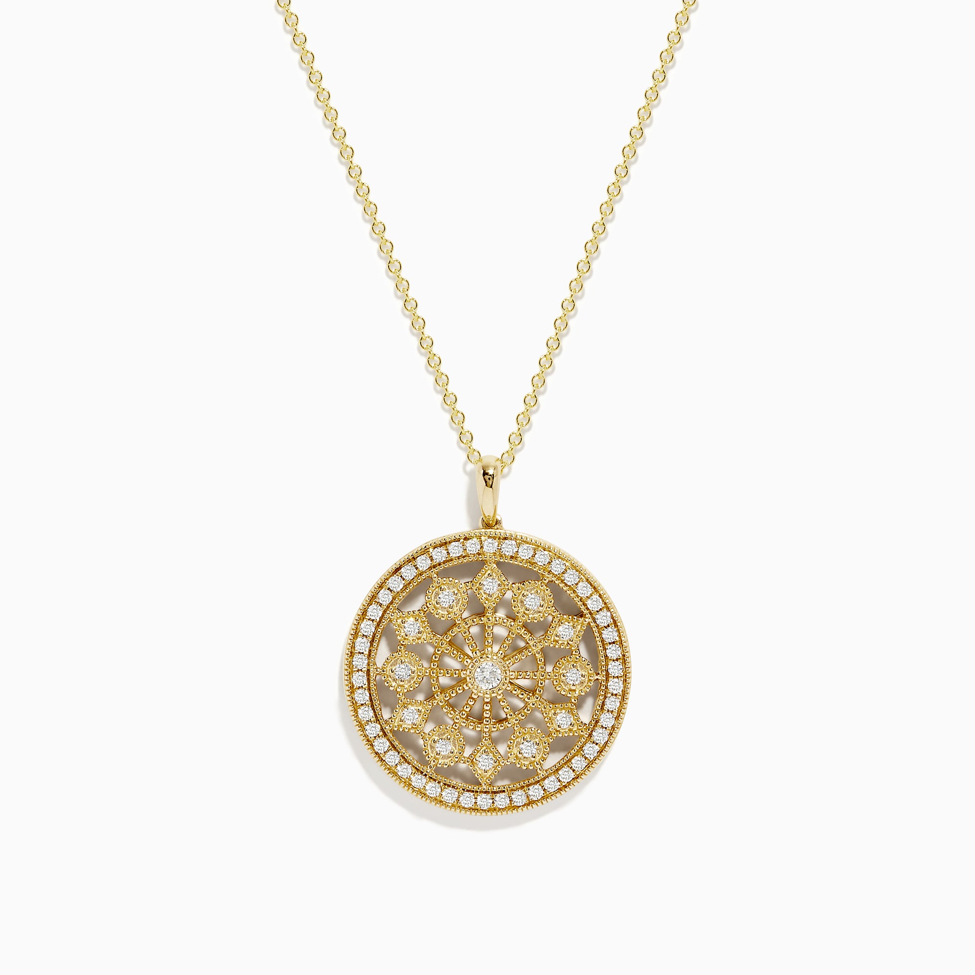 The DOro 14K Yellow Gold Diamond Mandala Pendant features a circular design with an intricate, symmetrical floral pattern set with sparkling white diamonds.