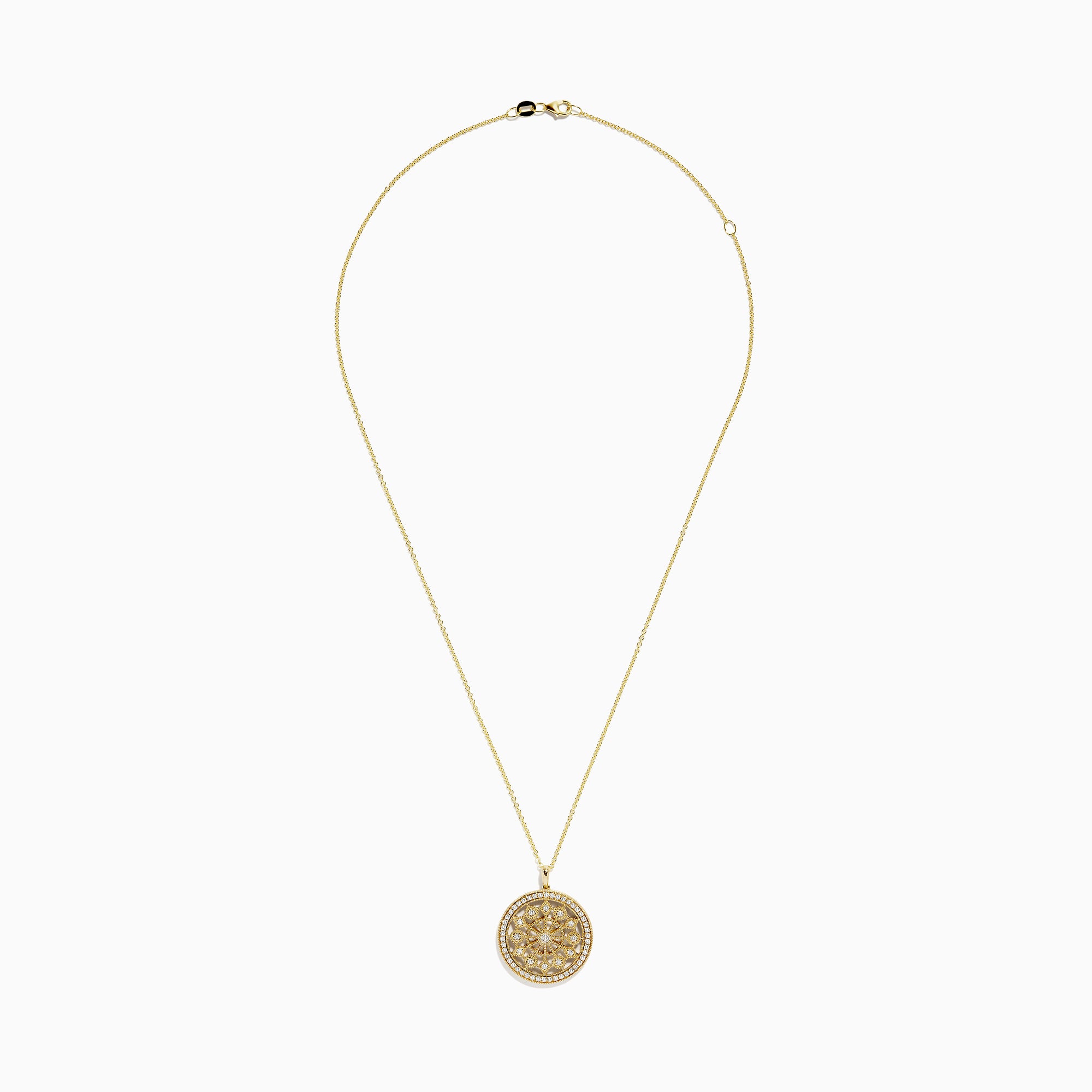 The DOro 14K Yellow Gold Diamond Mandala Pendant features a circular design with an intricate, symmetrical floral pattern set with sparkling white diamonds.