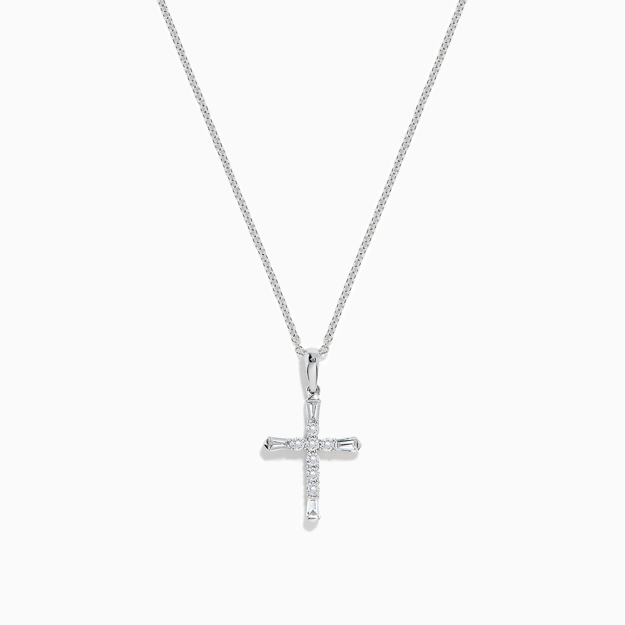 A delicate silver necklace features the Novelty 14K White Gold Diamond Cross Pendant, 0.30 TCW, adorned with sparkling diamonds and set against a plain white background.