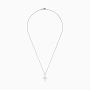 A delicate silver necklace features the Novelty 14K White Gold Diamond Cross Pendant, 0.30 TCW, adorned with sparkling diamonds and set against a plain white background.
