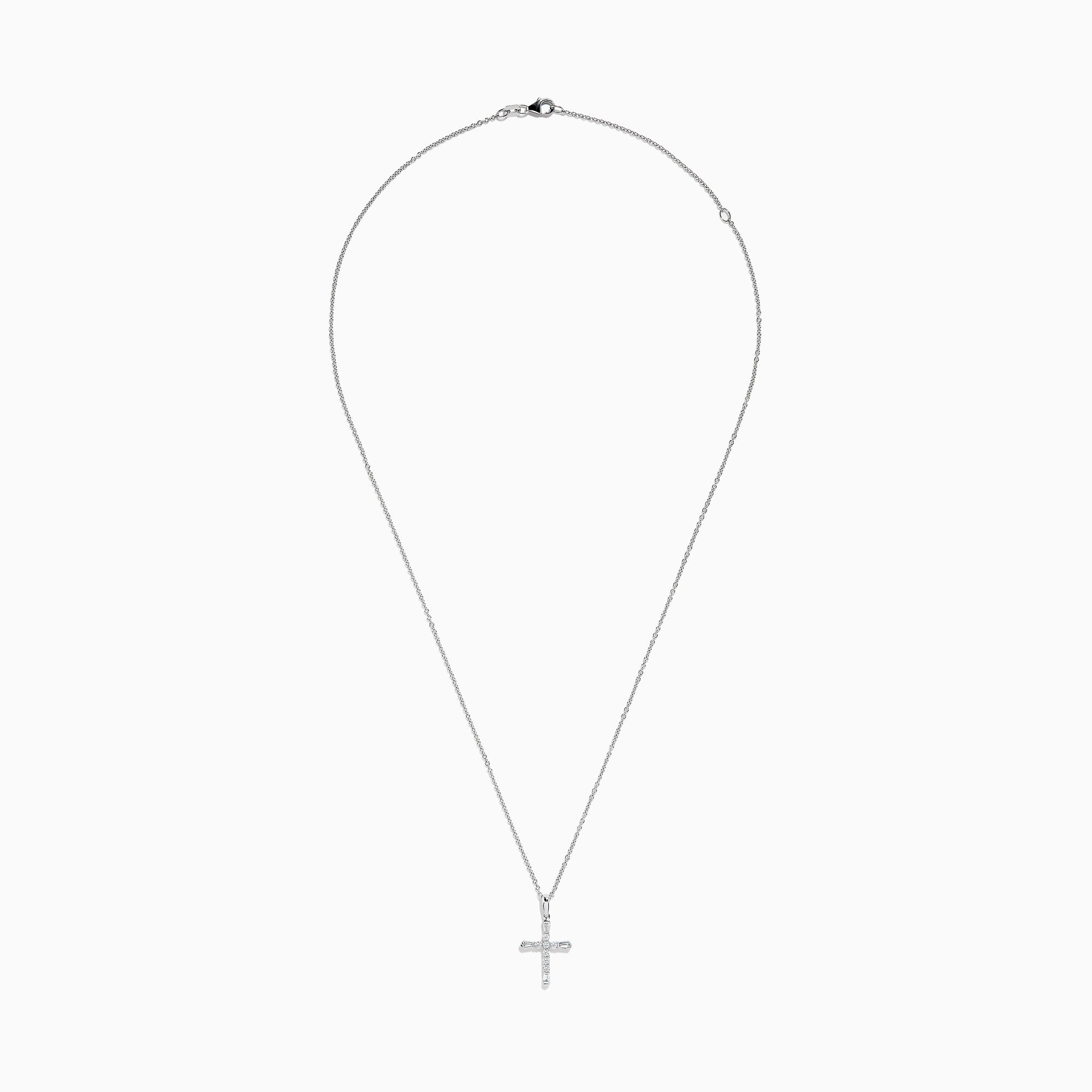 A delicate silver necklace features the Novelty 14K White Gold Diamond Cross Pendant, 0.30 TCW, adorned with sparkling diamonds and set against a plain white background.
