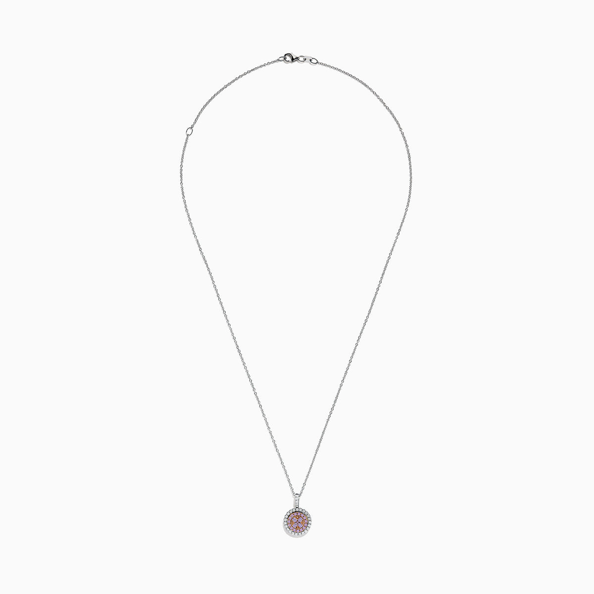 The 14K Two Tone Gold Pink and White Diamond Pendant (0.54 TCW) combines pink center stones with a double halo of sparkling diamonds for an elegant, eye-catching look reminiscent of a classic diamond pendant.