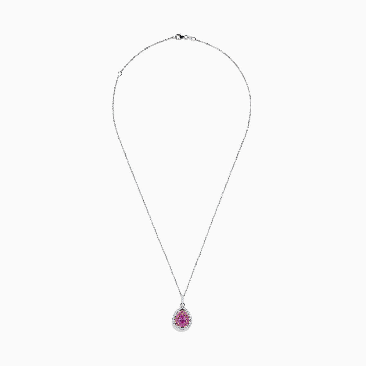 The 14K Two Tone Gold Pink Sapphire and Diamond Pendant, 1.74 TCW, features a pear-shaped pink sapphire surrounded by clear and yellow stones in a halo design, blending diamond-like elegance with stylish two-tone gold accents.