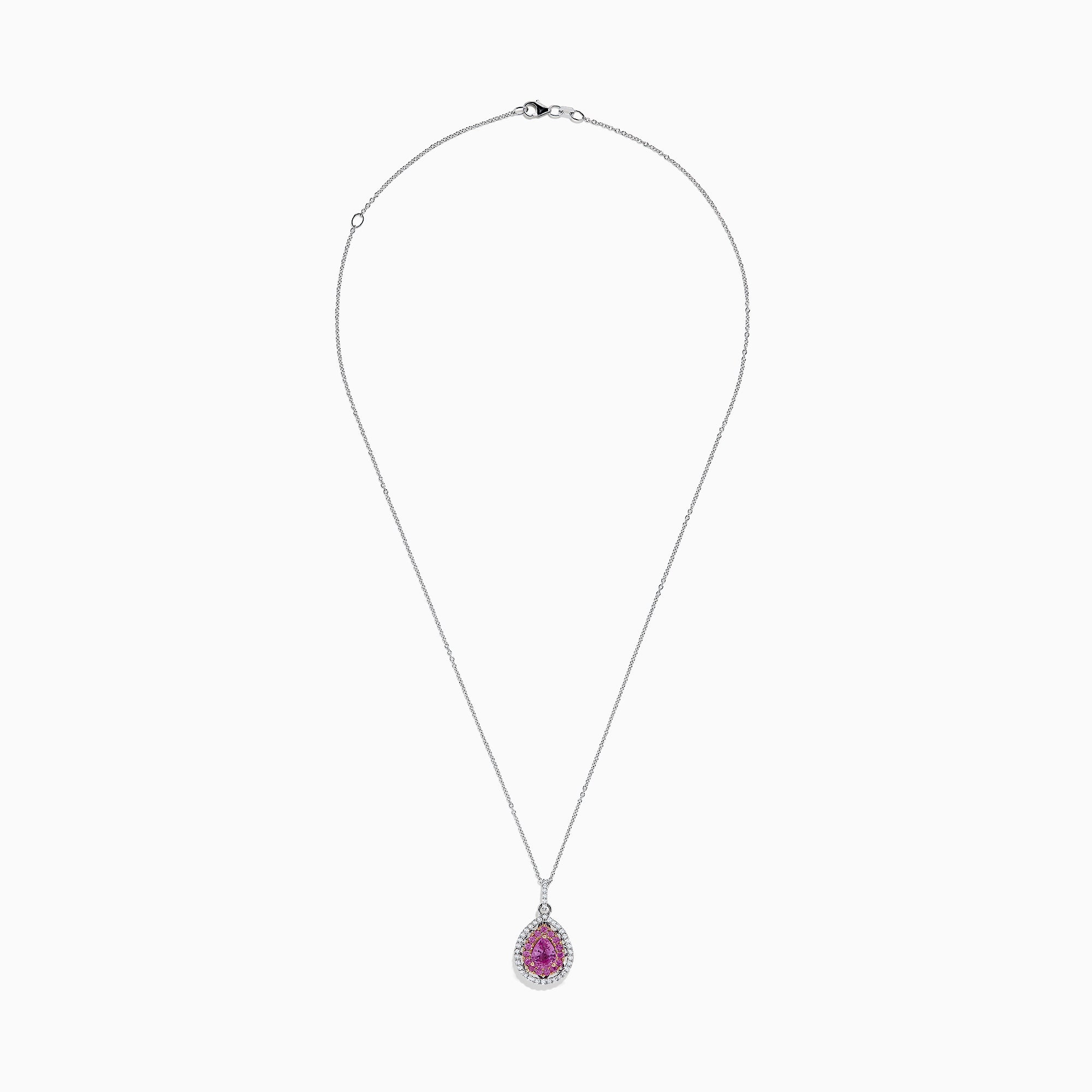 The 14K Two Tone Gold Pink Sapphire and Diamond Pendant, 1.74 TCW, features a pear-shaped pink sapphire surrounded by clear and yellow stones in a halo design, blending diamond-like elegance with stylish two-tone gold accents.