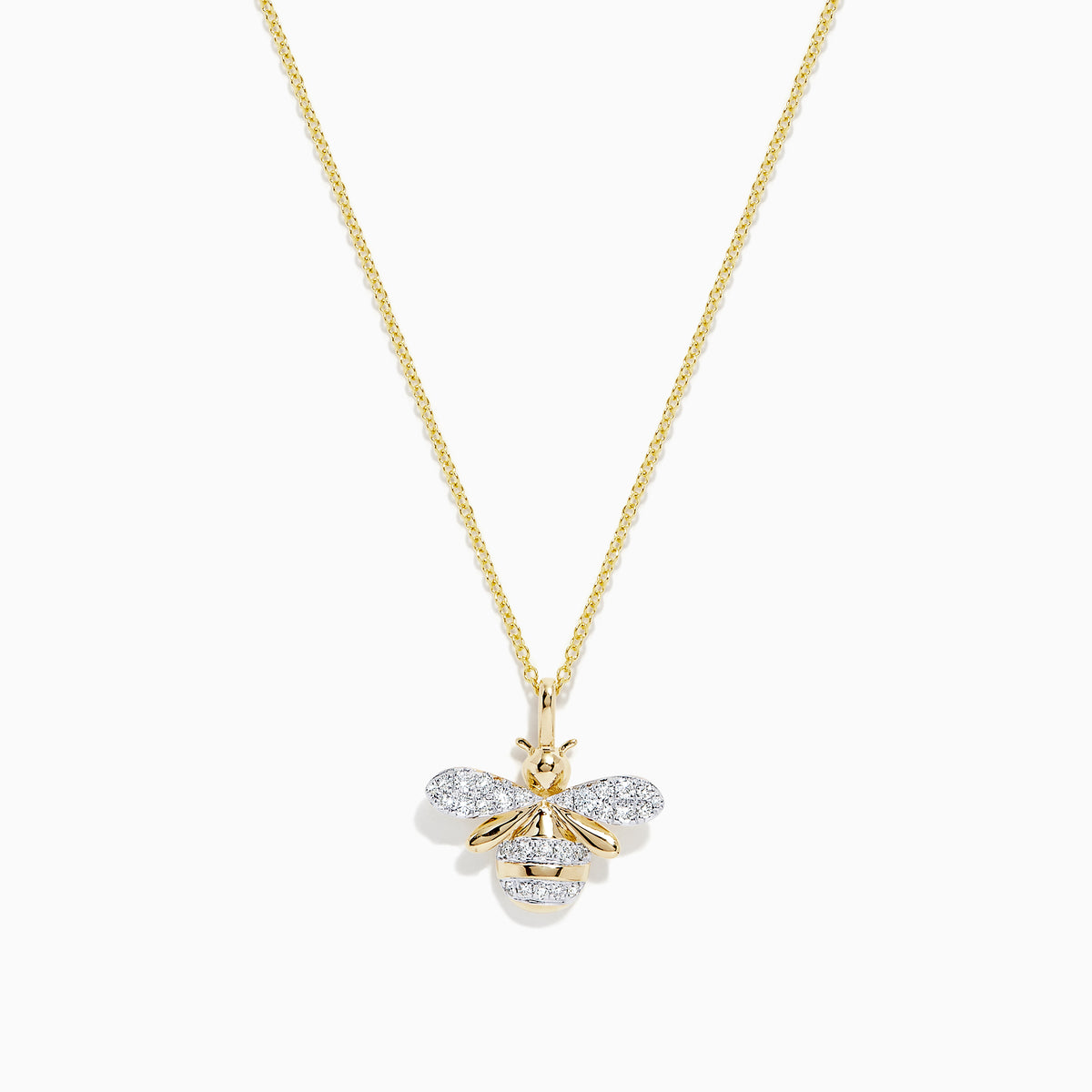 The Novelty 14K Yellow Gold Diamond Bee Pendant (0.26 TCW) features sparkling white stones on its wings and body, displayed against a white background.