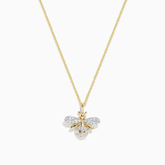 The Novelty 14K Yellow Gold Diamond Bee Pendant (0.26 TCW) features sparkling white stones on its wings and body, displayed against a white background.