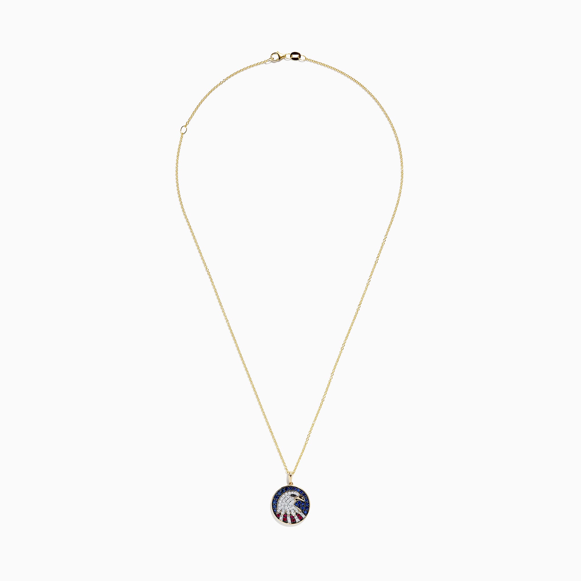 The Novelty 14K Gold Ruby, Sapphire & Diamond Eagle Head Pendant (1.06 TCW) features a round pendant with a stylized eagle head and patriotic background, embellished with ruby, sapphire, and diamond stones.