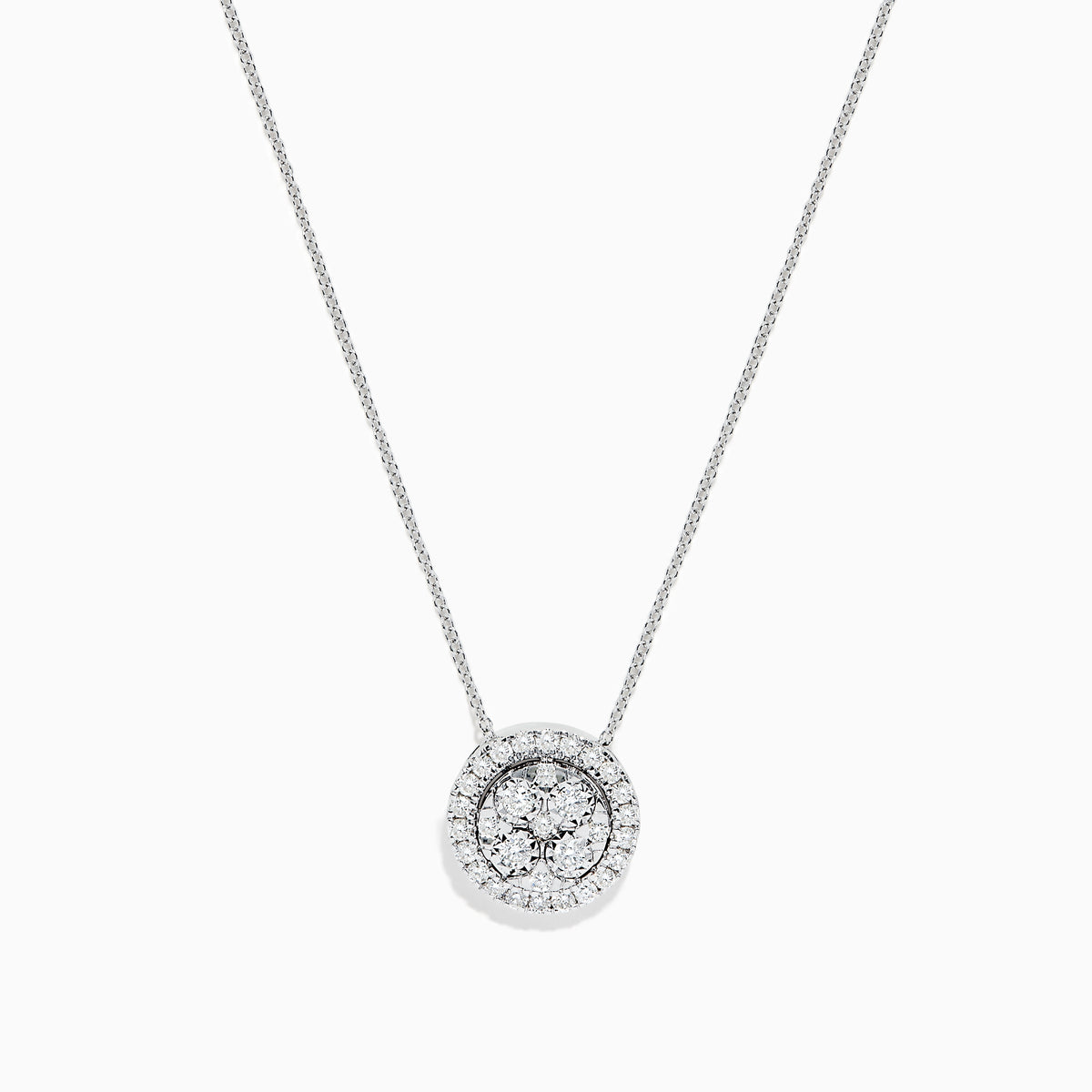 The 14K White Gold Diamond Necklace, 0.72 TCW, features a round pendant with a central cluster and halo of sparkling diamonds by Effy, shown against a plain white background.