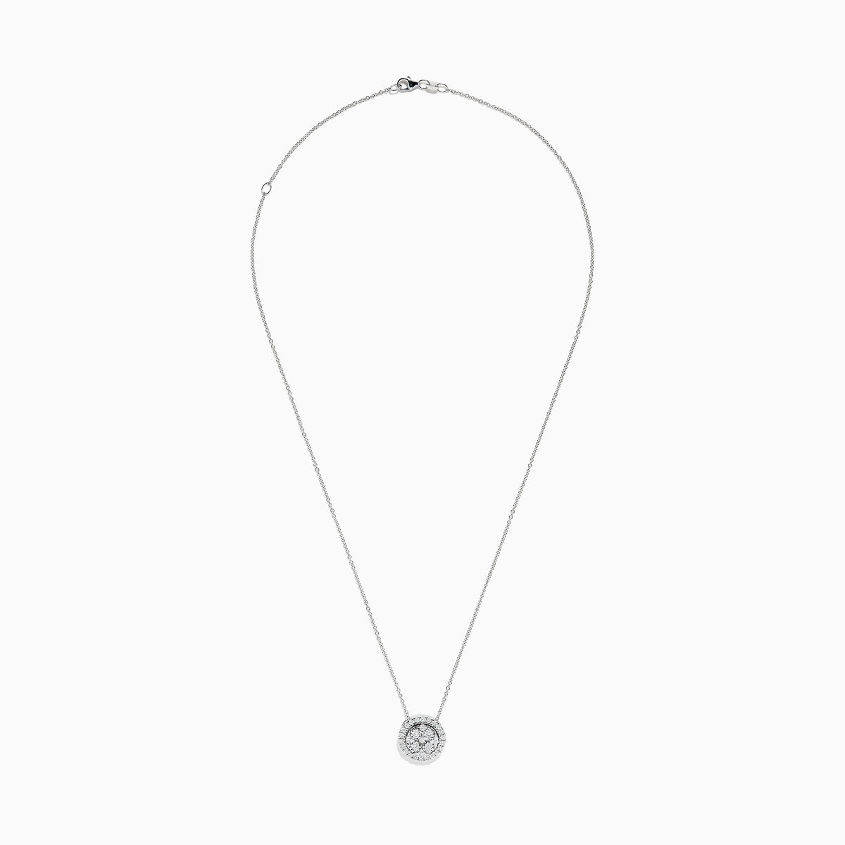 The 14K White Gold Diamond Necklace, 0.72 TCW, features a round pendant with a central cluster and halo of sparkling diamonds by Effy, shown against a plain white background.