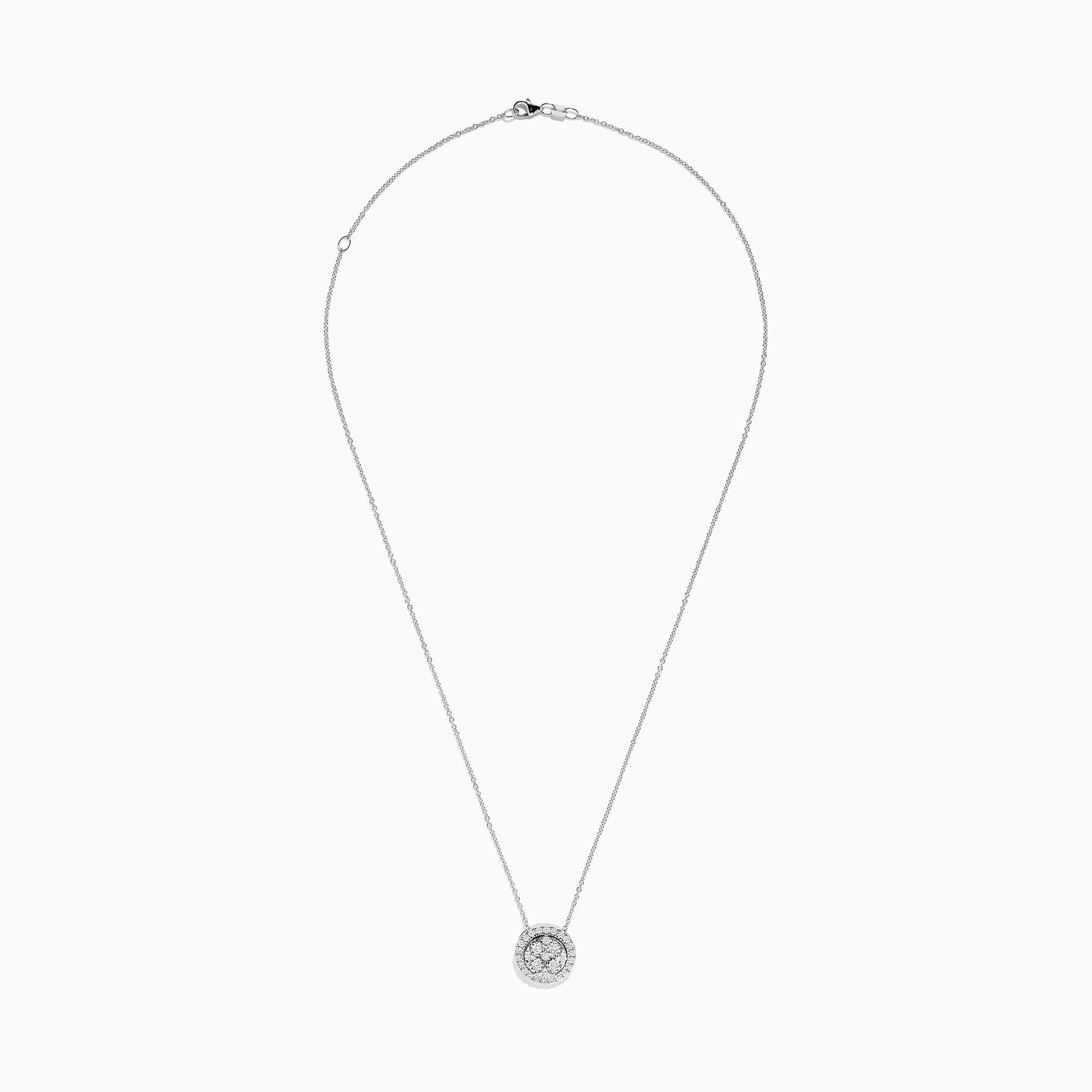 The 14K White Gold Diamond Necklace, 0.72 TCW, features a round pendant with a central cluster and halo of sparkling diamonds by Effy, shown against a plain white background.