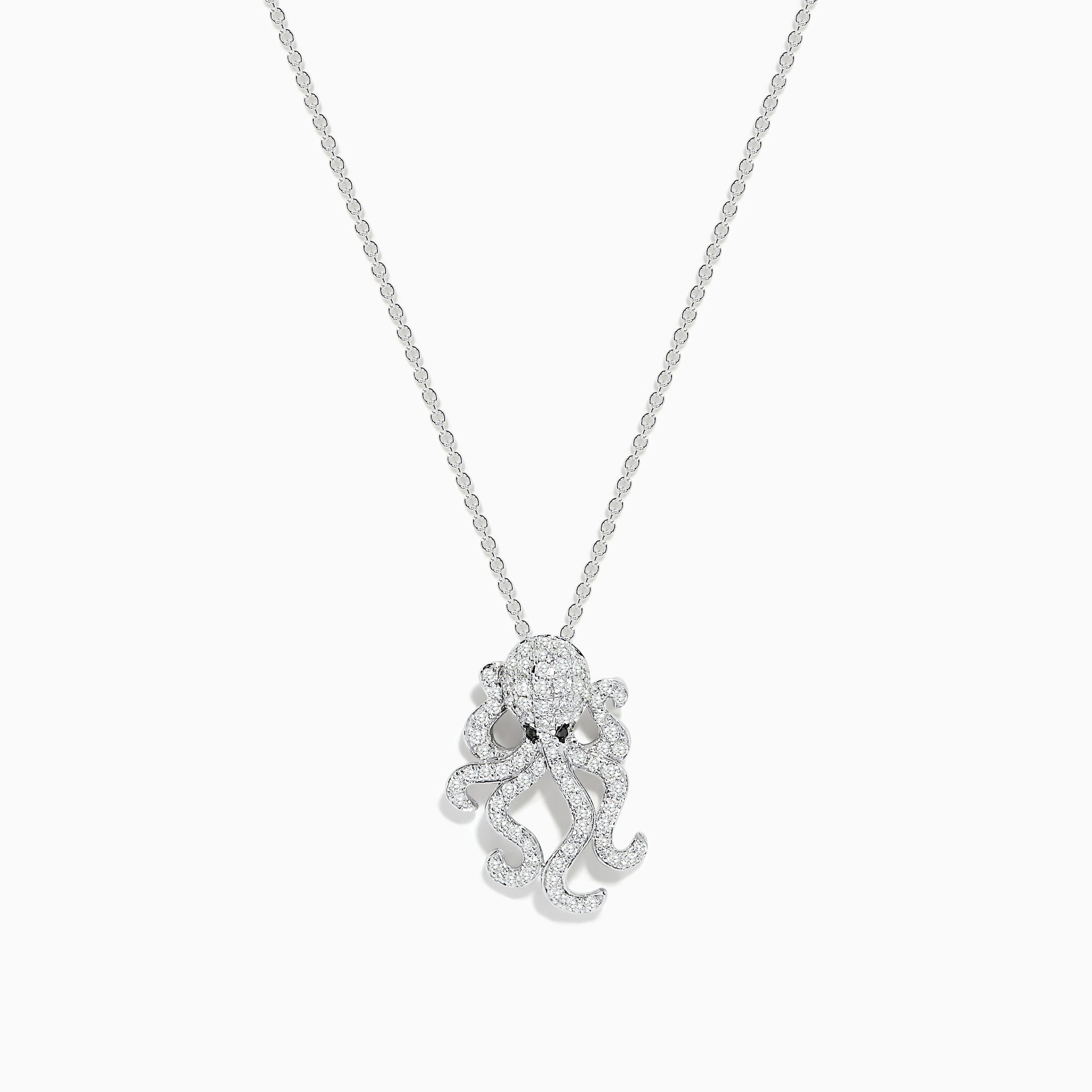 A delicate Effy Seaside 14K White Gold Diamond Octopus Pendant, adorned with sparkling white diamonds and two black stones for eyes.