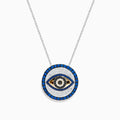 The Novelty 14K Two Tone Gold Sapphire and Diamond Evil Eye Pendant features a round evil eye design with sparkling sapphires and diamonds for a striking look.