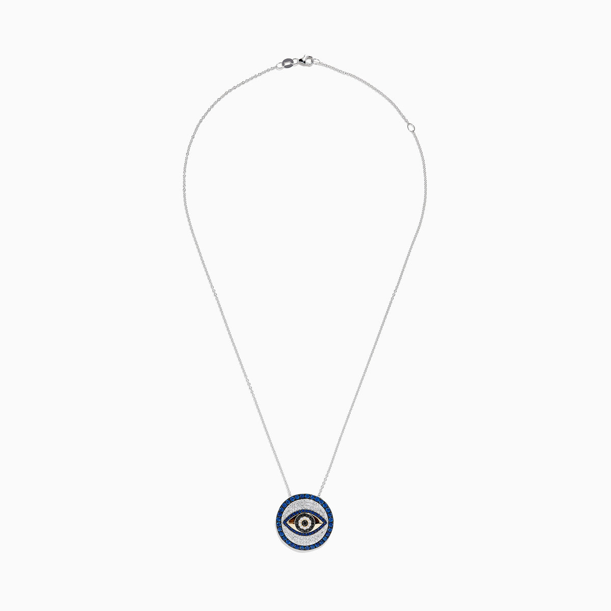 The Novelty 14K Two Tone Gold Sapphire and Diamond Evil Eye Pendant features a round evil eye design with sparkling sapphires and diamonds for a striking look.