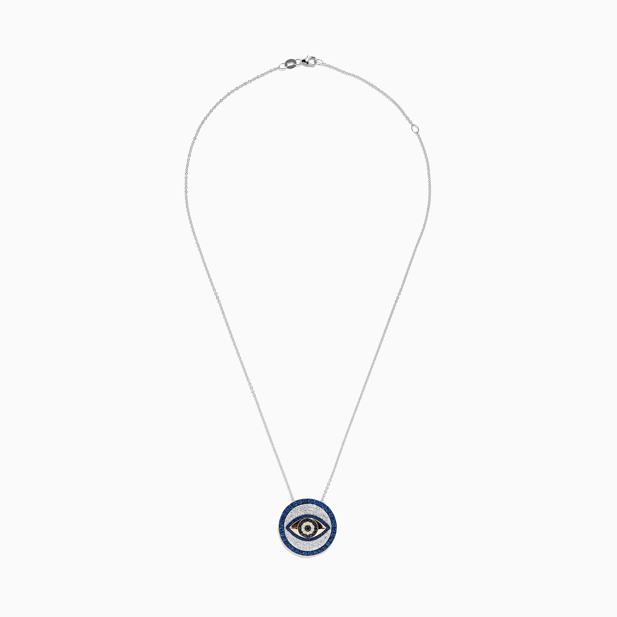 The Novelty 14K Two Tone Gold Sapphire and Diamond Evil Eye Pendant features a round evil eye design with sparkling sapphires and diamonds for a striking look.