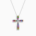 The Watercolors 14K White Gold Multi Sapphire and Diamond Cross Pendant shines on a white gold chain, featuring vibrant sapphires and sparkling diamonds, shown against a white background.